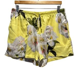 Ted Baker Floral Satin Shorts Women XL Yellow High Waist Drawstring Loungewear